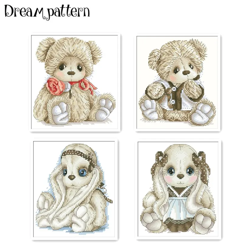 

Rabbit bear cross stitch package Rabbit with bow animal 18ct 14ct 11ct cloth cotton thread embroidery DIY handmade needlework