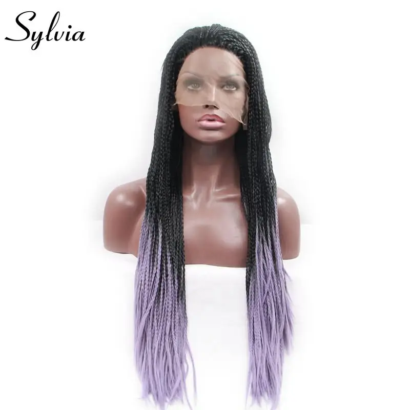 

Sylvia black to purple 2T ombre braided box braids synthetic lace front wigs for woman mirco braiding heat resistant fiber hair
