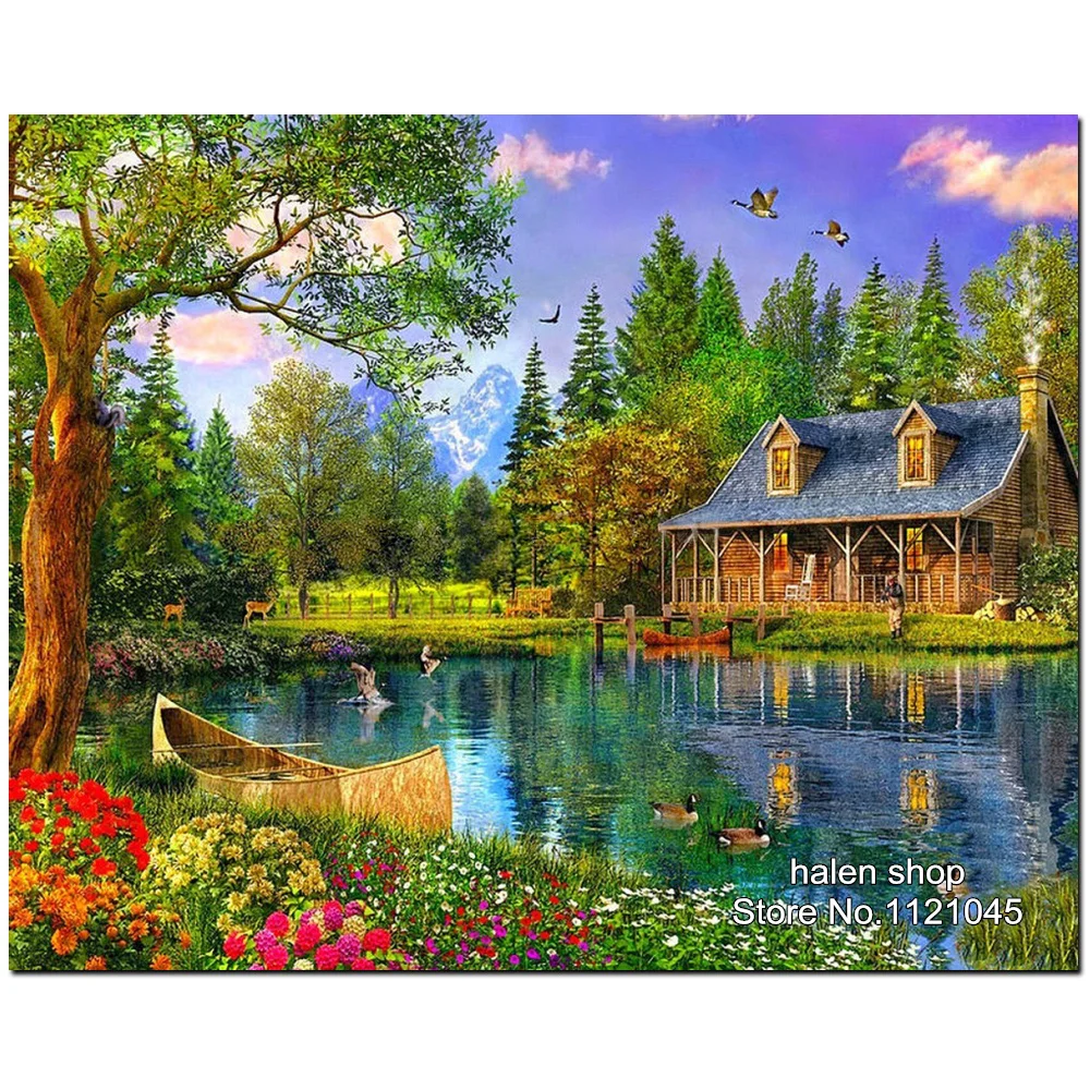 

Hot !! 3D Diy Diamond Painting Cross Stitch river house Handwork Diamond Embroidery Full Round Diamond Mosaic Decorative XC308