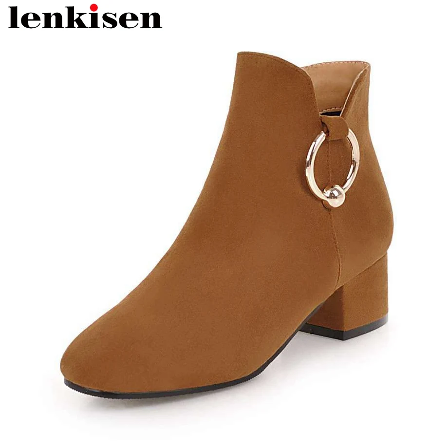 

Lenkisen big size zip metal ring decoration med square heels flock european style square toe simple luxury women ankle boots L60
