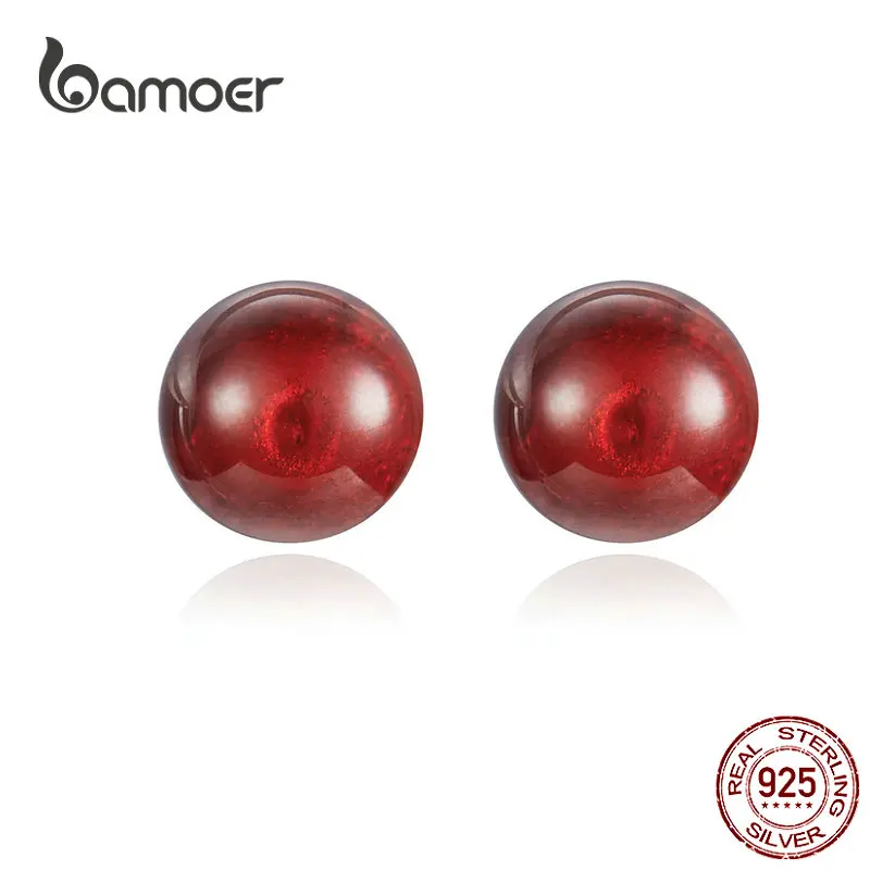 

BAMOER 925 Sterling Silver Red Garnet Beads Ball Stud Earrings for Women Natural Stone Fine Jewelry Gifts GXE657