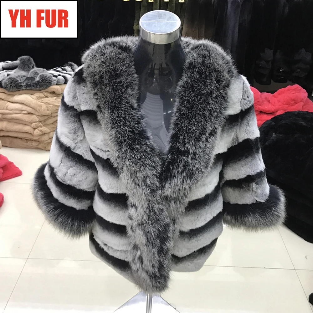 Best Women Rex Rabbit Fur Coat Warm Soft Rex Rabbit Fur Jacket With Big Real Fox Fur Collar 100% Natural Real Rex Rabbit Fur Overcoat 0