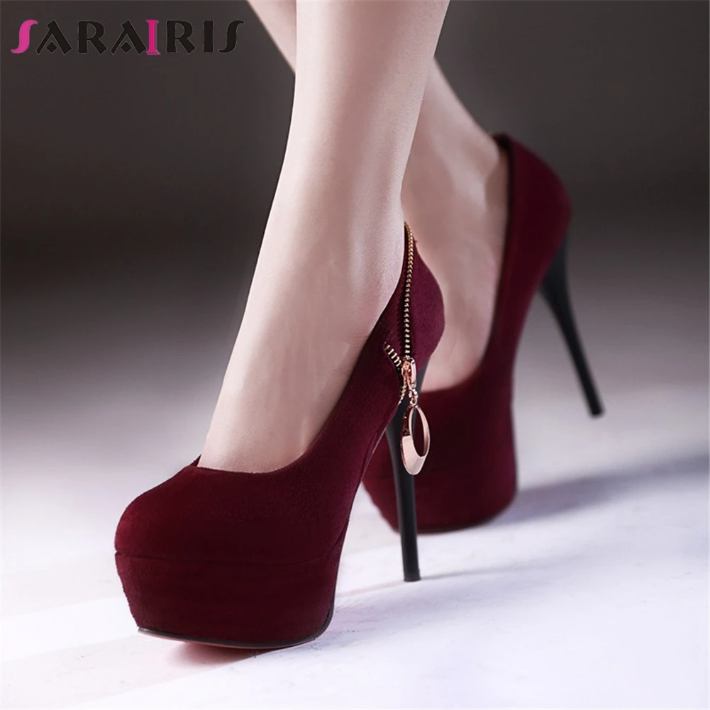 

SARAIRIS 2019 New Solid Thin High Heels Metal Decoration Zipper Platform Shoes Woman Casual Party Sexy Pumps Big Size 32-43