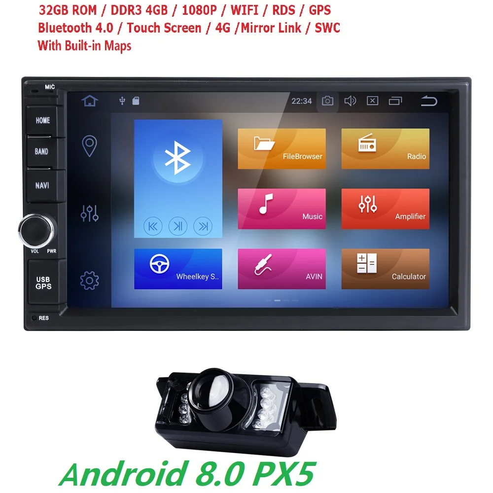 

7"Universal 2 din car radio gps android8.0 PX5 8OctaCore 4GB RAM 32GB ROM Car Stereo Player GPS Navigation Bluetooth USB CAM MAP