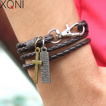 

2017 New Fashion Bandage Buckle key Pattern Leather Bracelet popular Brown Cross Friendship Bracelet for man