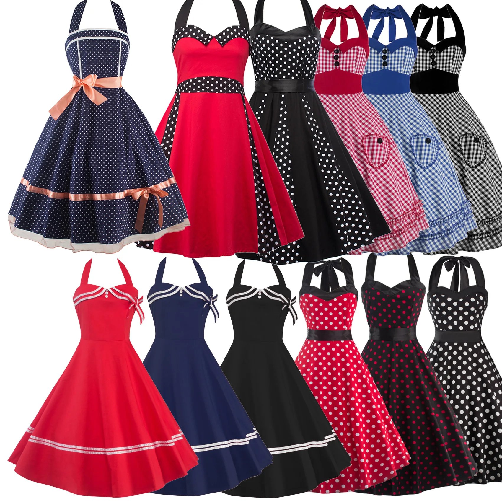 Women Dress Plus Size Summer Clothing 2017 Retro Swing Short Gown robe Pin up Dot Vintage 60s 50s Rockabilly Dresses