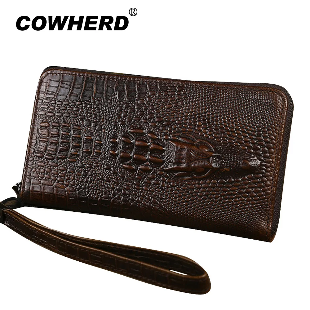 

Men first layer cow leather wallet with strap zipper wallets men crocodile pattern long purse male clutch casual bag
