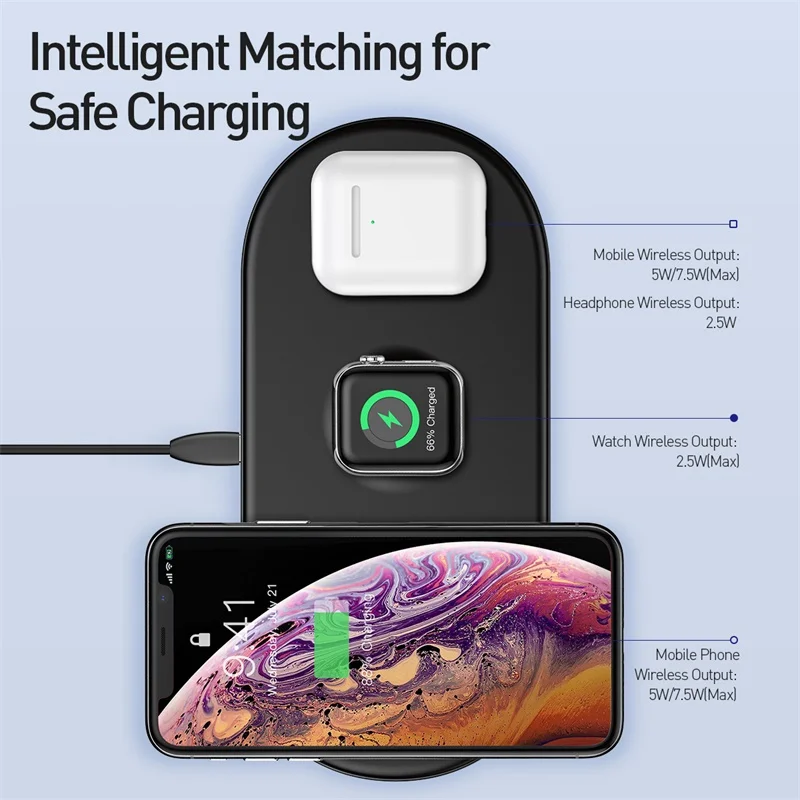 Беспроводное зарядное устройство Baseus 3 в 1 Qi для Airpods Apple Watch 4 2 iWatch быстрая