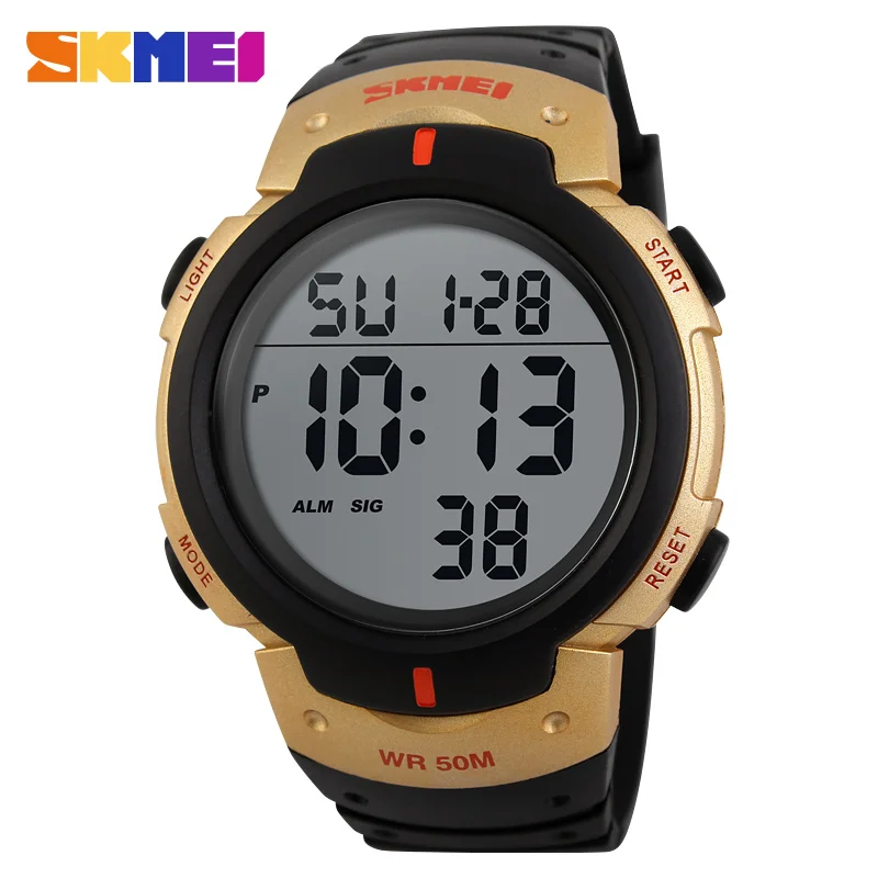 SKMEI 1068 уличные спортивные часы мужские альпинистские цифровые наручные часы с большим циферблатом 50 м водонепроницаемые часы с хронографом часы с ремешком из искусственной кожи - Цвет: Gold