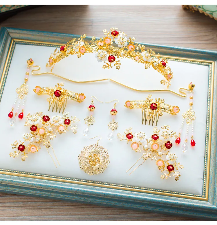 

2018 Chinese style hairsticks comb sets coronet bridal tiara chinese headdress wedding hair accessories