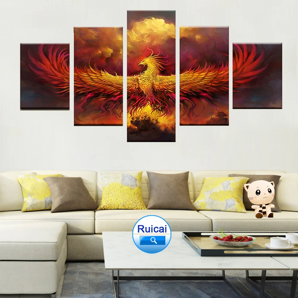 

Fire Phoenix Picture Poster Canvas Painting Home Decoration Modular Frame Wall Art Living Room HD Print 5 Panel