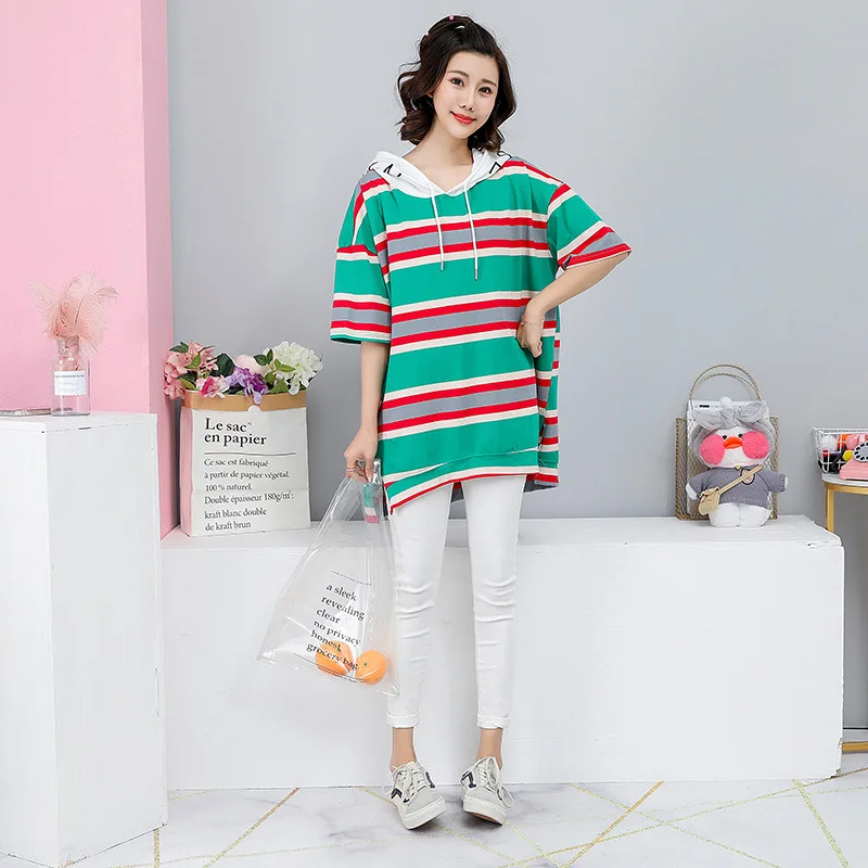 2019 Summer New Arrival Colorful Stripe Top Plus Size Women Tshirts Embroidered Letters Hooded T Shirt For Women Free Shipping 2019 Summer New Arrival Colorful Stripe Top Plus Size Women Tshirts Embroidered Letters Hooded T Shirt For Women Free Shipping