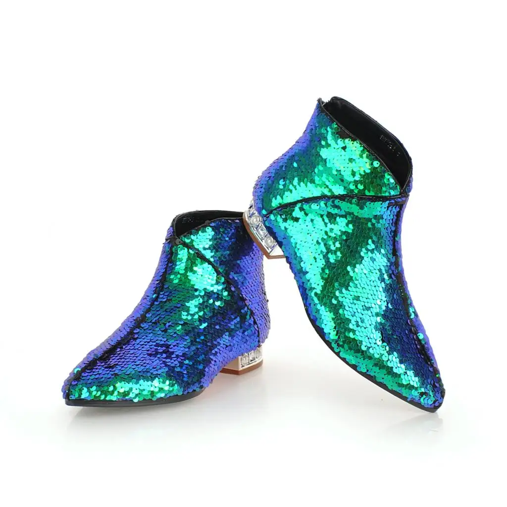 Tanie WETKISS zimowe kostki buty damskie Bling Pointed Toe krótkie pluszowe obuwie kryształowe buty damskie niskie obcasy cekiny buty damskie 2020