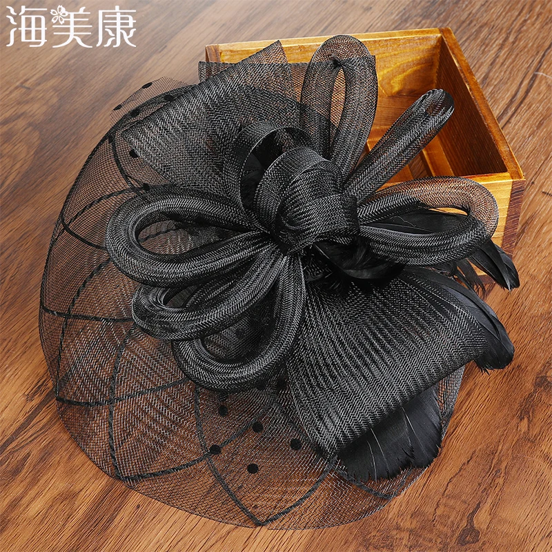 

Haimeikang Woman Fascinators Small Hairpin Flower Feather Hat Flower Feather Mesh Hair Button Hairband Female Hair Accessories