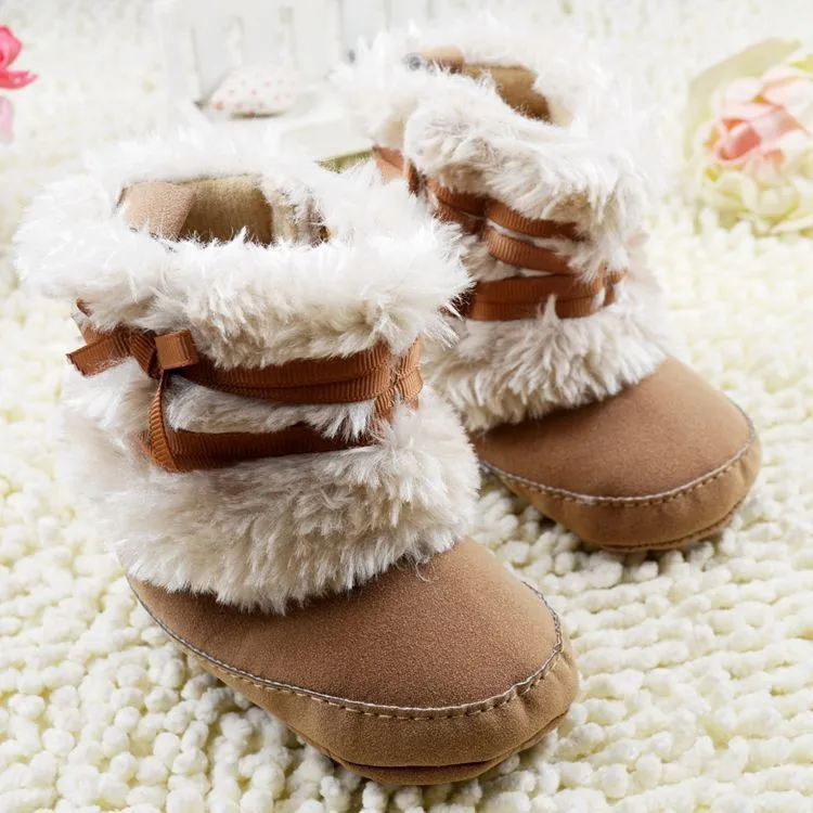 Зимние Утепленная одежда первых шагов для маленьких девочек малышей сапоги с бабочка-узел противоскользящие зимние толстые ботинки