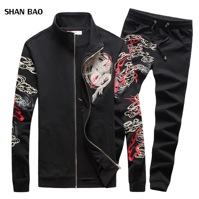 SHAN BAO 2017 New Fashion Mens Sets Chinese Style Dragon Print Mens Sportswear High Quality Mens Clothing Sets Suits For Men 5XL