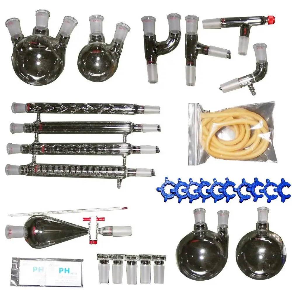 

32 Pcs New Lab Essential Oil Distillation Apparatus Glassware w/Graham Condenser