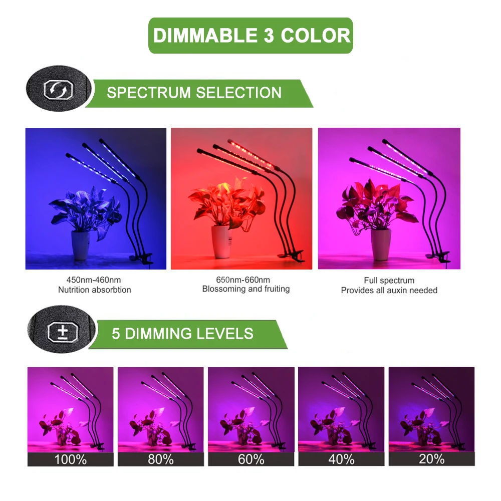 Indoor Lamp For Plants 27W USB Led Grow Light Phyto Lamp Red Blue Full Spectrum Timer Lamps For Flowers Succulents 3 Switch Mode