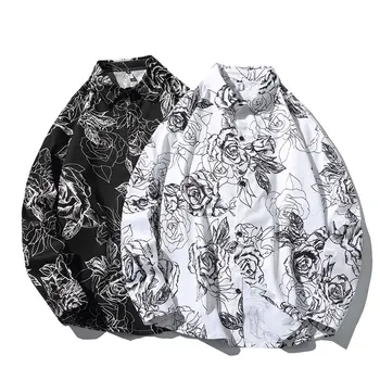 

Spring Autumn New 2019 Cotton Floral Shirts Men Casual Long Sleeve Rose Flowers Printed Shirt Plus Size 4XL 5XL Hawaii Shirt