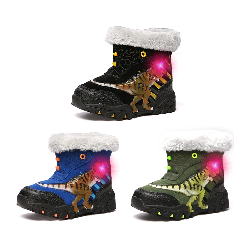 Dinoskulls/зимние ботинки для мальчиков; флисовая детская обувь; светильник; светодиодный 3D Динозавр; спортивные детские ботинки; кожа; теплые кроссовки
