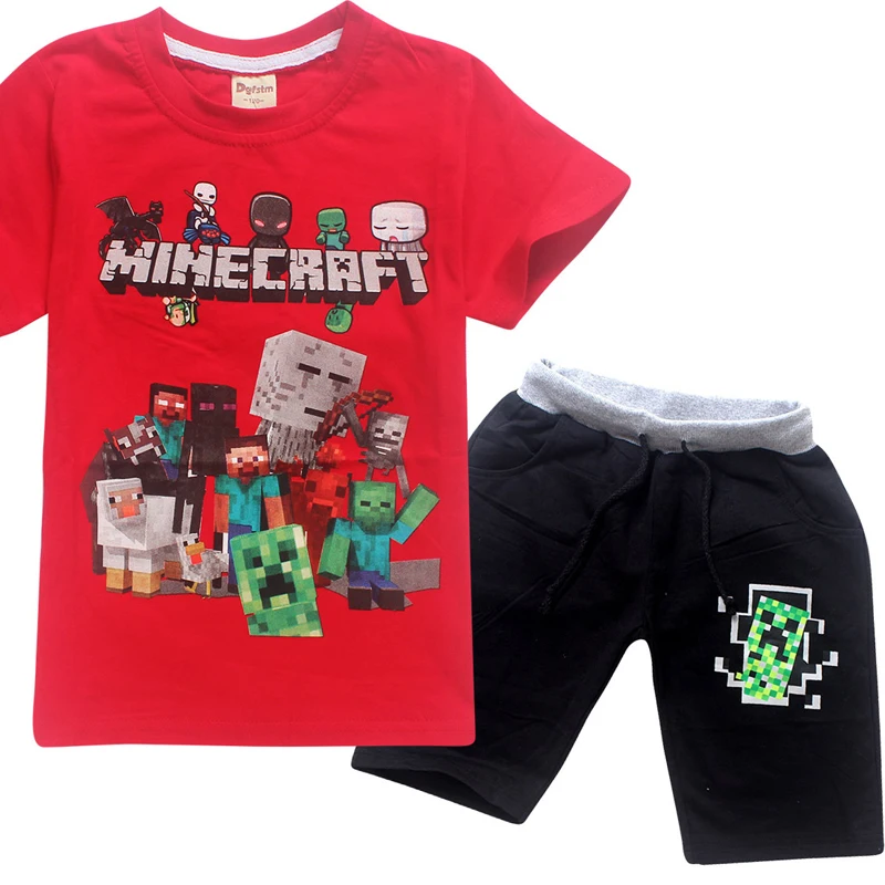 Minecraft نمط الصبي الأطفال ملابس قصيرة الأكمام تي شيرت + السراويل دعوى الصيف جديد أزياء القطن تي شيرت الكرتون الملابس Minecraft نمط الصبي الأطفال ملابس قصيرة الأكمام تي شيرت + السراويل دعوى الصيف جديد أزياء القطن تي شيرت الكرتون الملابس