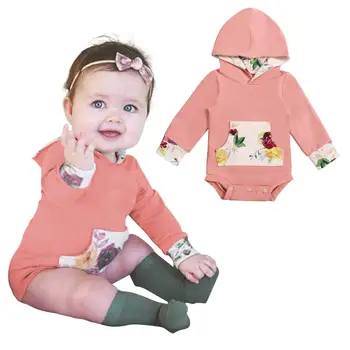 

Oklady Infant Baby Girl Long Sleeves Floral Romper Toddler Pink Pure Cotton Solid Hoodies with Pocket Clothes for Winter Spring