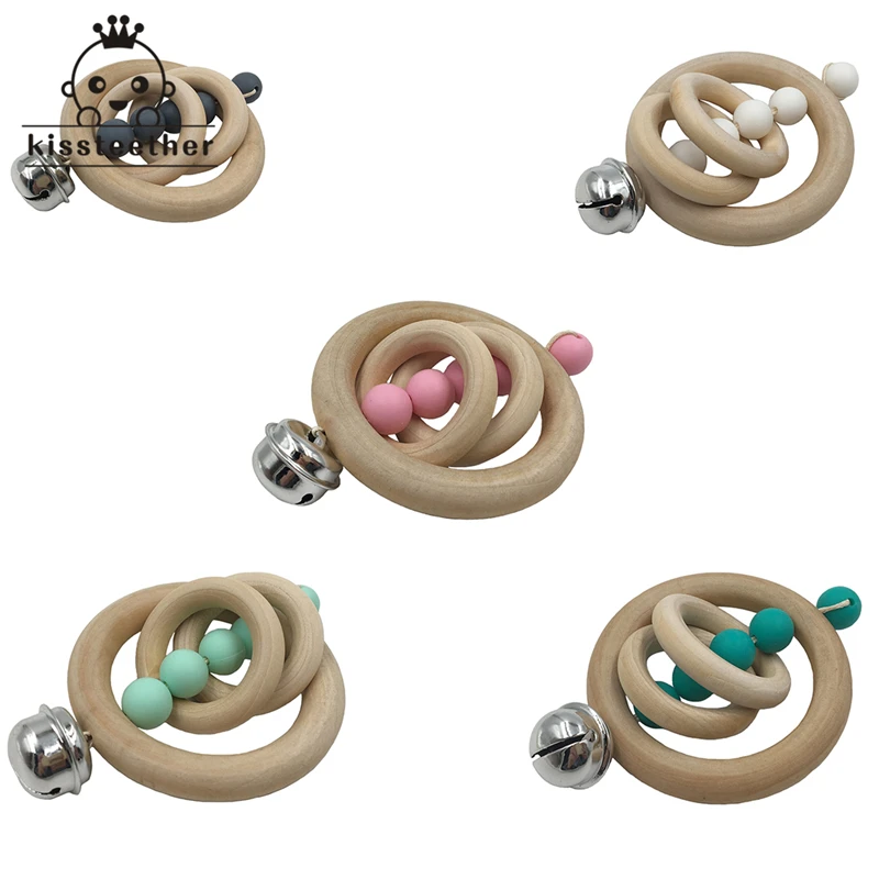 5pcs Baby Molar Toys Teether Natural Green Wood Ring Bell Montessori