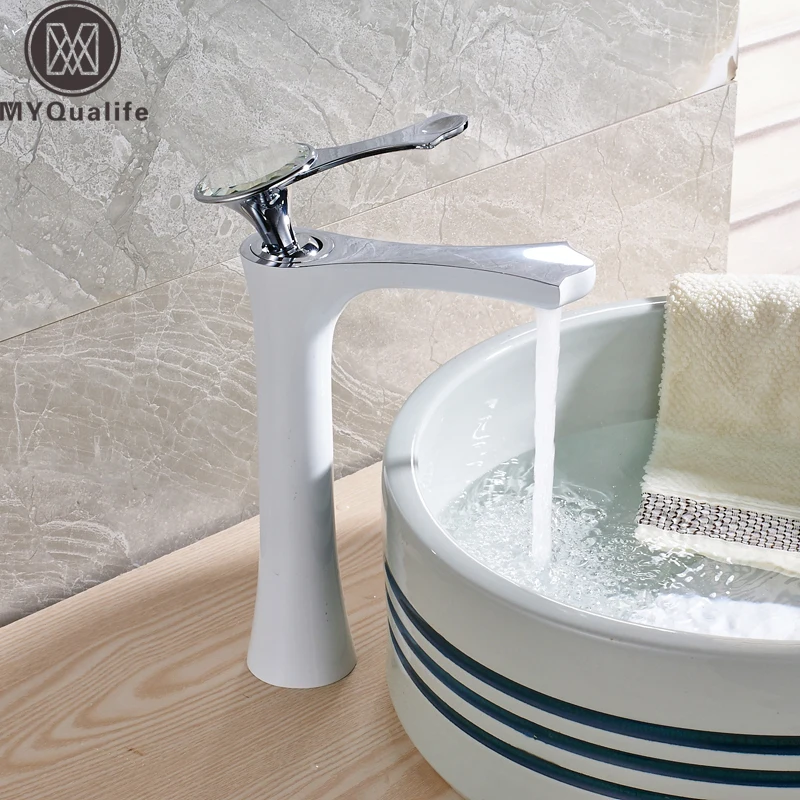 

Crystal White Basin Vessel Sink Faucet Single Lever Countertop Bathroom Mixer Taps with Hot and Cold Water