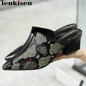 

Lenkisen mixed colors snakeskin grain cow leather oxford mules slip on pointed toe strange style med heels dress suit pumps L1f6