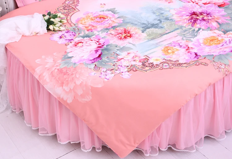 Sale LACE ROUND Corner Bed Europe Orange color Flower Bedding sets Cotton Round Double Bed sheet Duvet cover Pillow case Bedskirt 1