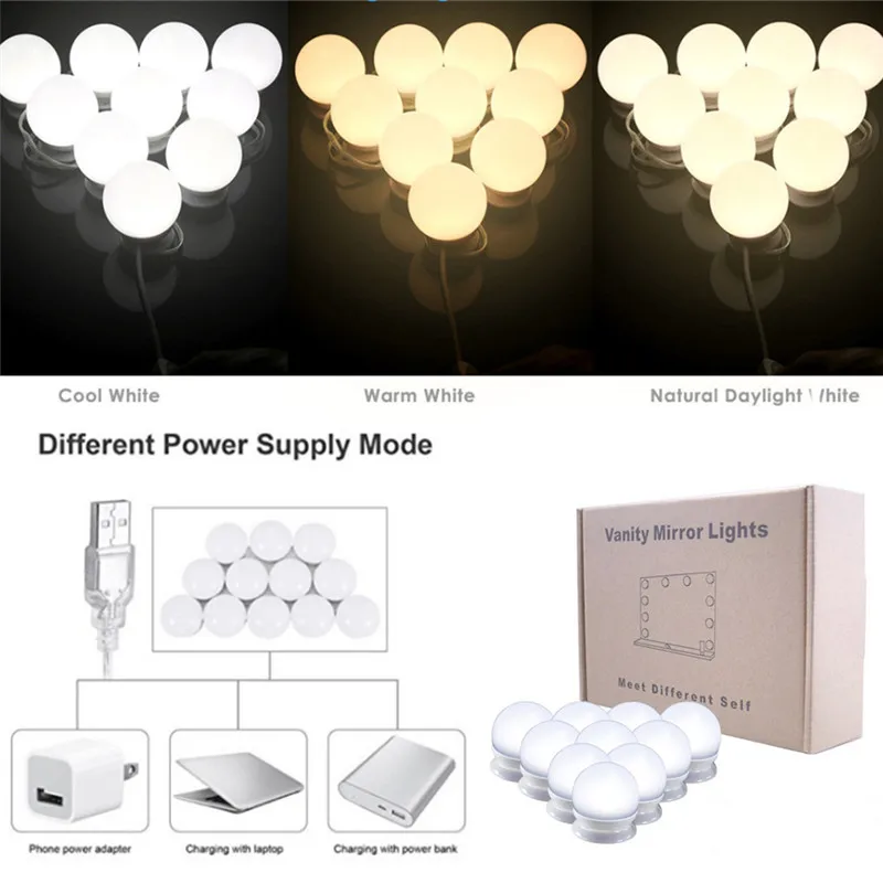 

10 Bulbs LED Mirror Makeup Light Cosmetic Mirror Lights Kit Hollywood Style USB Charged Port Make Up Lamp Dressing Room #289551