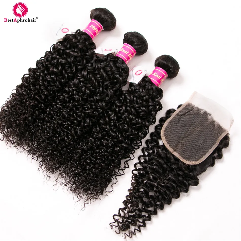 Aphro Kinky Curly Human Hair Bundles With Closure Non Remy Extension Brazilian Hair Weave Bundles With Lace Closure Free Part
