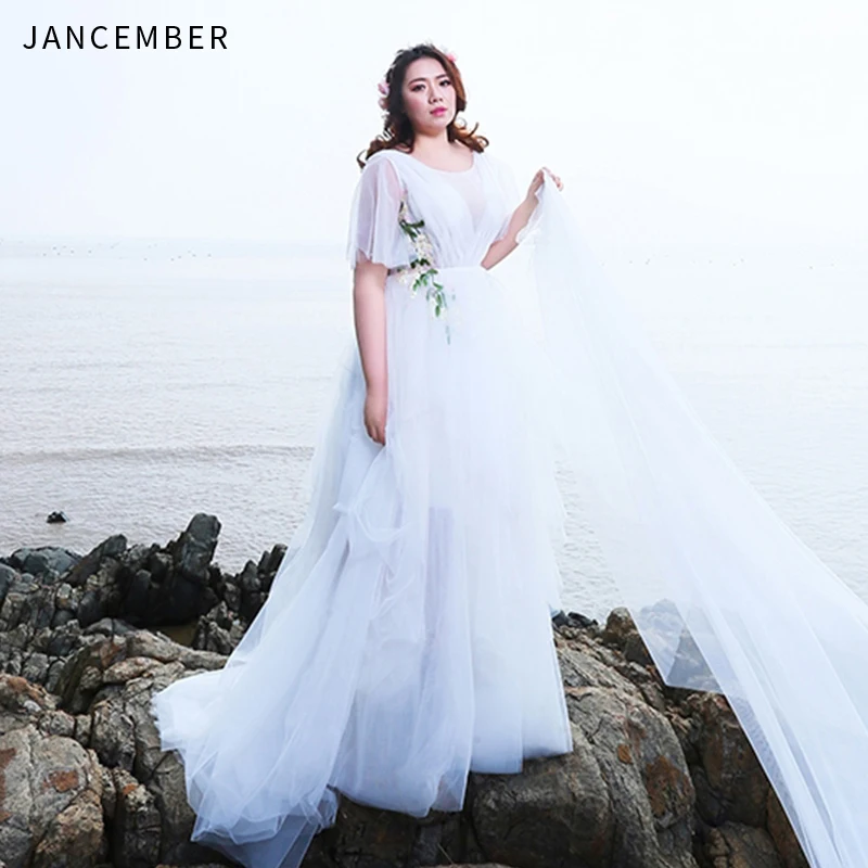 

JANCEMBER Plus Size Wedding Dresses Illusion O-Neck Tulle Short Sleeve Long Lace Shawl Bohemian Styal vestido de noiva 2019 New