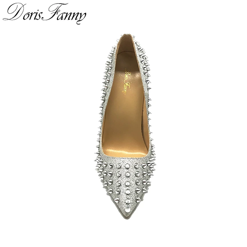 DorisFanny Glitter Spikes Rivets Studded Silver Gold High Heels shoes woman 2018 large size 34-45 stiletto shoes