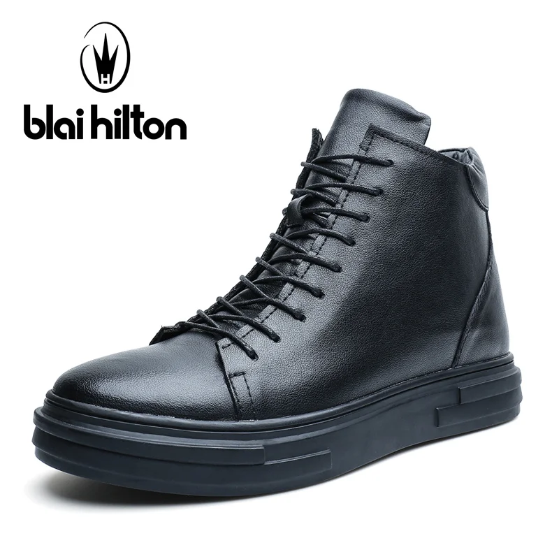 

Blai Hilton Autumn Luxury Genuine Leather fashion Western Winter Shoes Men Boots Platform Warm Fur Mens Ankle Motorcycle Boots