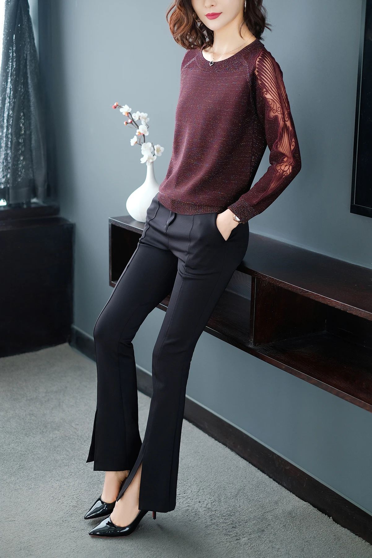 YISU модный кружевной свитер женский весенний джемпер женский однотонный пуловер с круглым вырезом женский длинный вязаный свитер женские топы