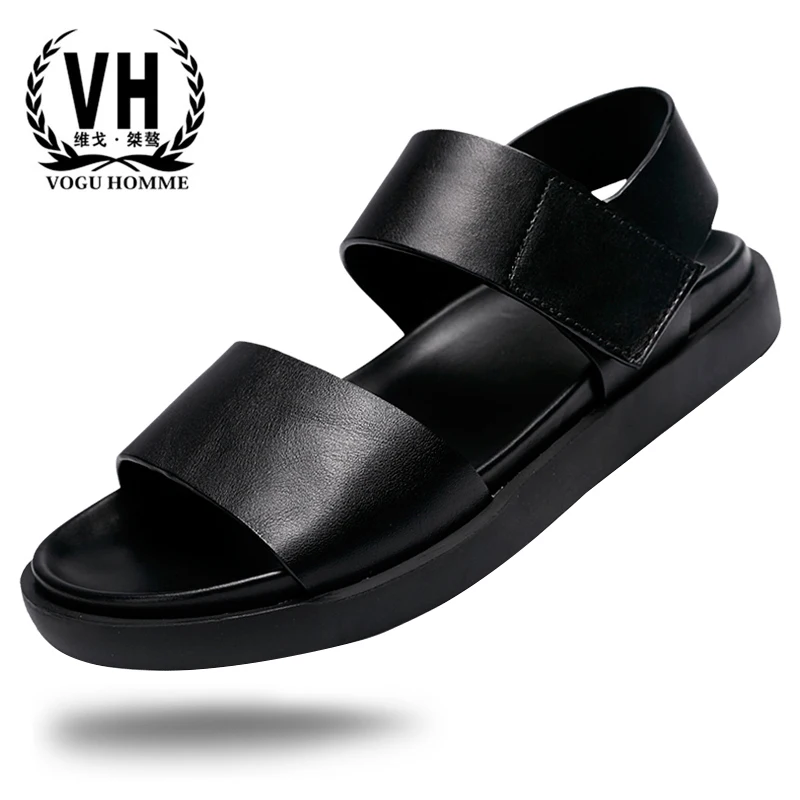 

Summer thick-soled muffin sandals Mens leather fashion sandals outdoor recreational breathable anti-skid beach shoes cowhide
