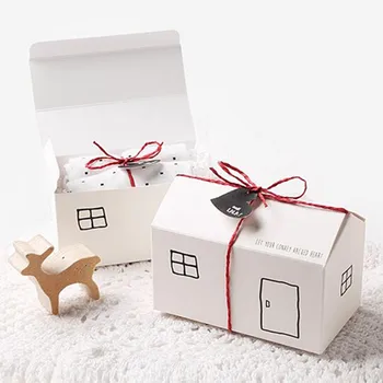 

New 10pcs Cute Small House Shape Baby Shower Candy Boxes Baking Packaging brown /White Wedding Party Favor Candy Gift Box