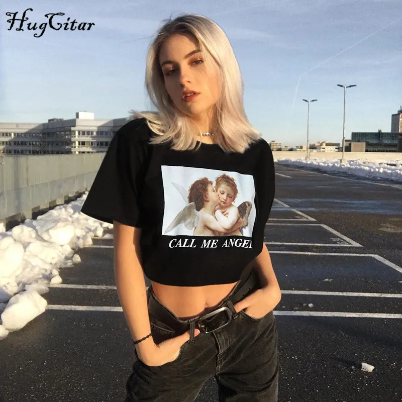 

Hugcitar print short sleeve O-neck T-shirts 2019 summer women casual streetwear party club losst female tops