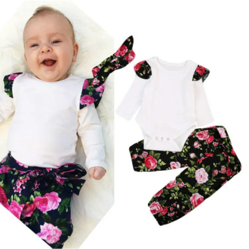 Pudcoco Autumn Floral Baby Girls Clothes Set Newborn Baby Girls Tops Romper Floral +Long Pants