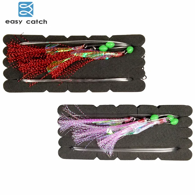 Easy Catch 2pcs Fish Skin Bait Sabiki Rigs 3 Hook Arm Red Pink Flasher Bait Fishing Rigs For