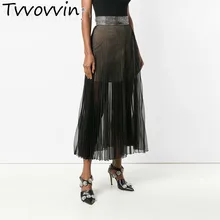 TVVOVVIN Бисер сетка, пэчворк, для женщин юбка Высокая Талия перспектива однотонное платье миди плиссированные женские юбки летняя модная новая V045