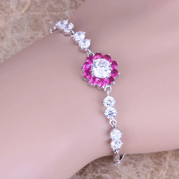 Exclusive Red Cubic Zirconia White CZ Silver Plated Link Chain Bracelet 7 - 8 inch S0643 | Украшения и аксессуары
