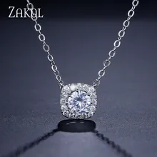 ZAKO Trendy Round Cut AAA+ CZ Zirconia Pendant Necklaces Sliver Color Square Shape Crystal Jewelry For Women Men Party FSNP072