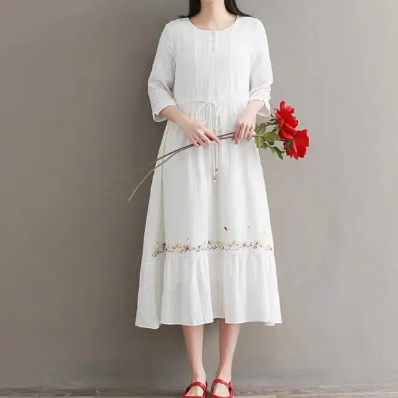 

Mori Girl Summer Elegant White Dress Lolita Lace Up Waist Embroidery Pleated Hem Artsy Retro Women Dress DV914