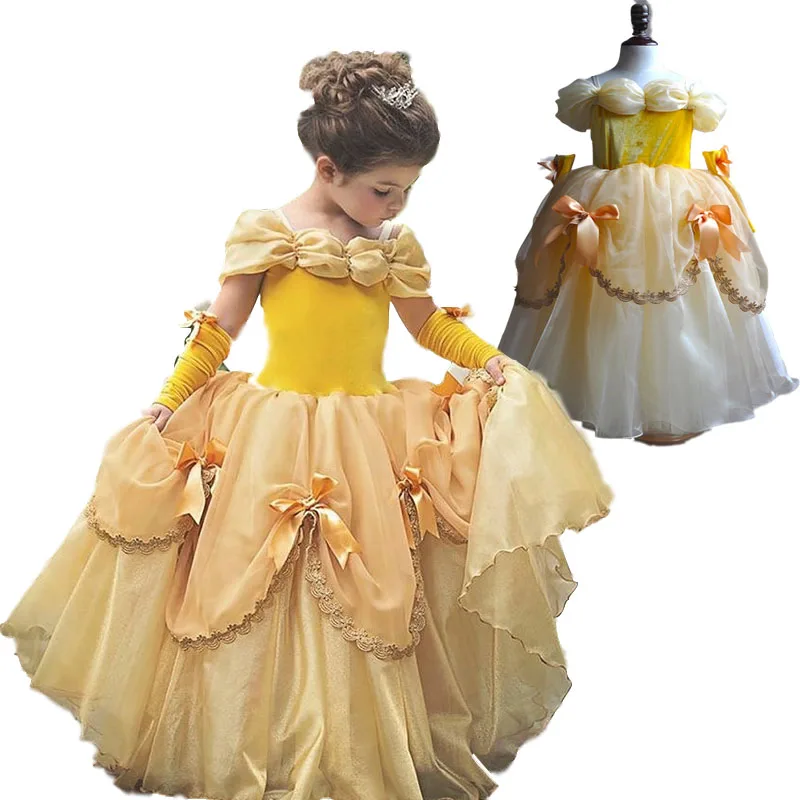 Высококачественное платье принцессы Белль для девочек Детские Желтые Вечерние платья Бальные Длинные платья для выпускного бала карнавальный костюм красавицы и чудовища