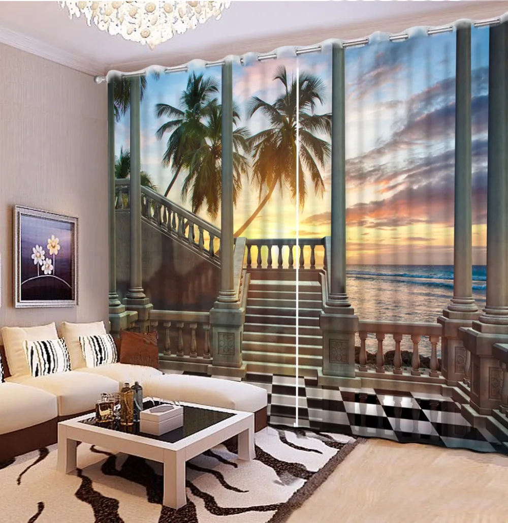 

3D Curtain Decorative Curtain Balcony Stairs Sunset Sea 3D Bathroom Shower Curtain Blackout Curtain Fabric