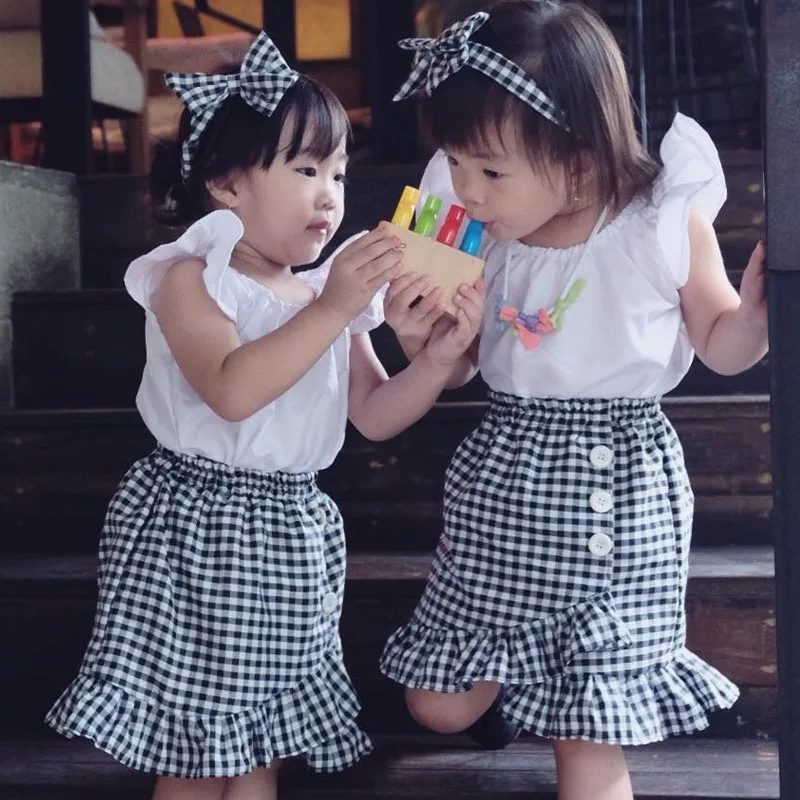 

2019 Summer Children's Sets Short Sleeve Blouse Tops + Plaid Print Irregular Tutu Skirts Girls Two Pieces Suits Kids Clothes