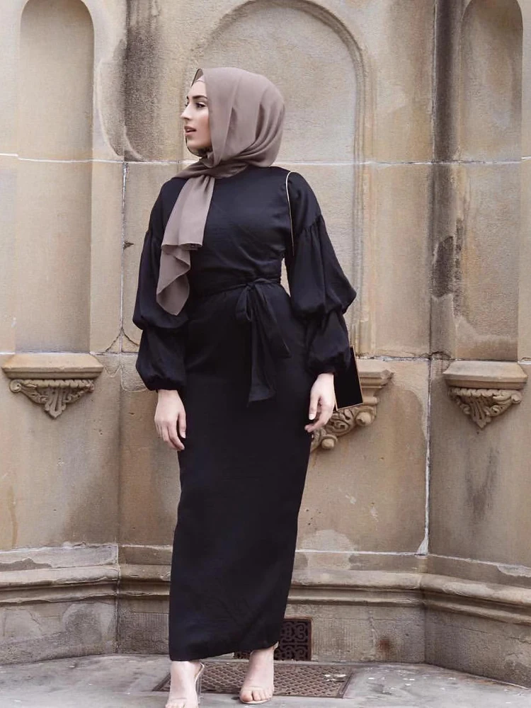 

Arab Women Chiffon Abaya Muslim Women Puff Sleeve Kaftan Dresses Plus Size