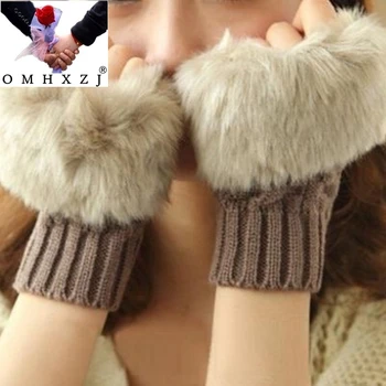 

OMH Wholesale Fashion Woman Cross stripes knitting imitation rabbit hair gloves Girls leisure winter Warm Fingerless gloves ST20